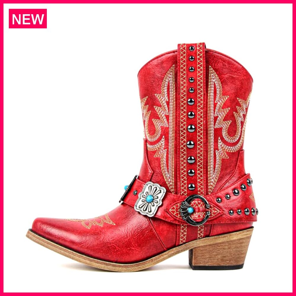 Women's Ankle Boots Western Embroidery Studded Block Heel Synthetic Leather